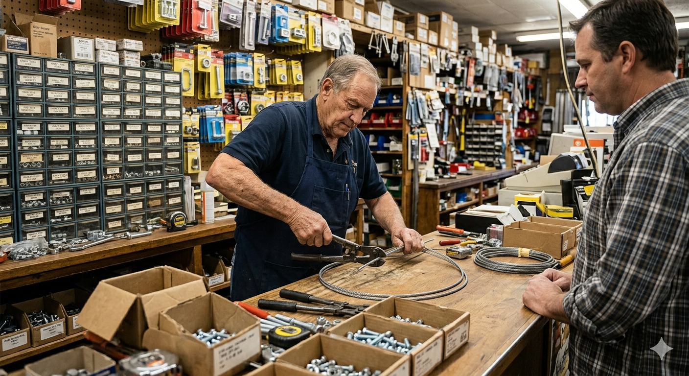 Interior de ferreteria con catalogo amplio y pasillos tecnicos