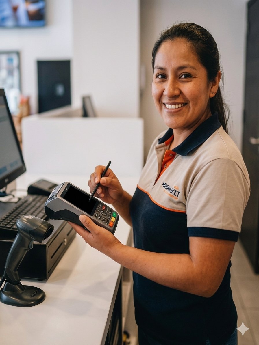 Cajera atendiendo en minimarket con terminal de pago