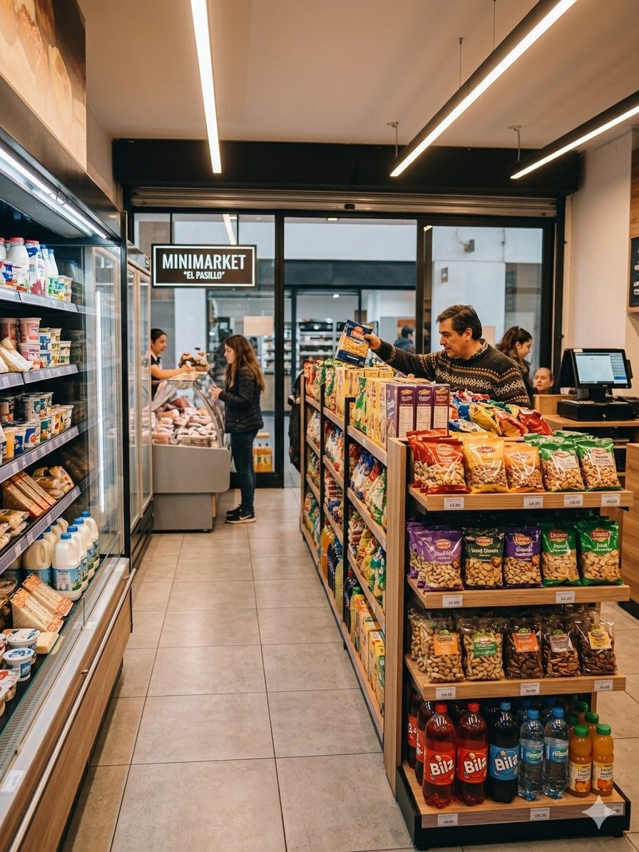 Interior de minimarket con g&oacute;ndolas y productos