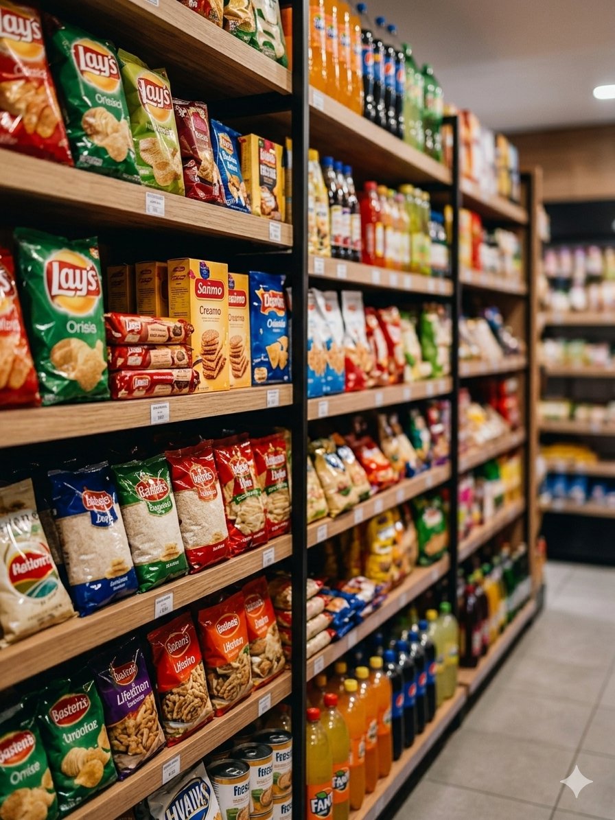 G&oacute;ndola de snacks y bebidas en minimarket